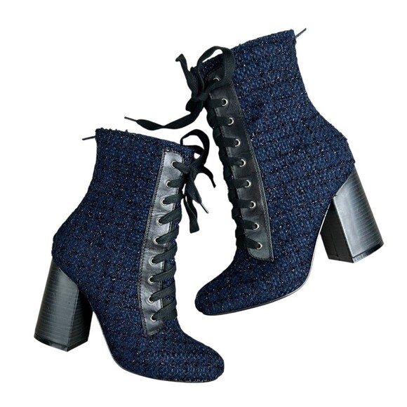 Forever 21 Tweed Lace-up Boots w Zipper Size 7.5 Blue Metallic Grandma Boots - Picture 2 of 10